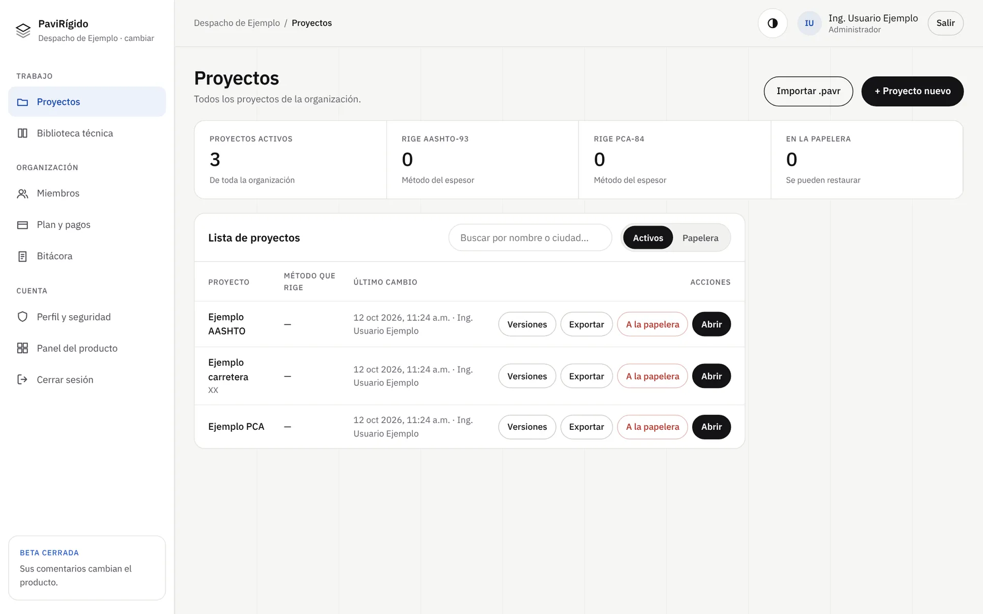 Lista de proyectos en PaviRígido
