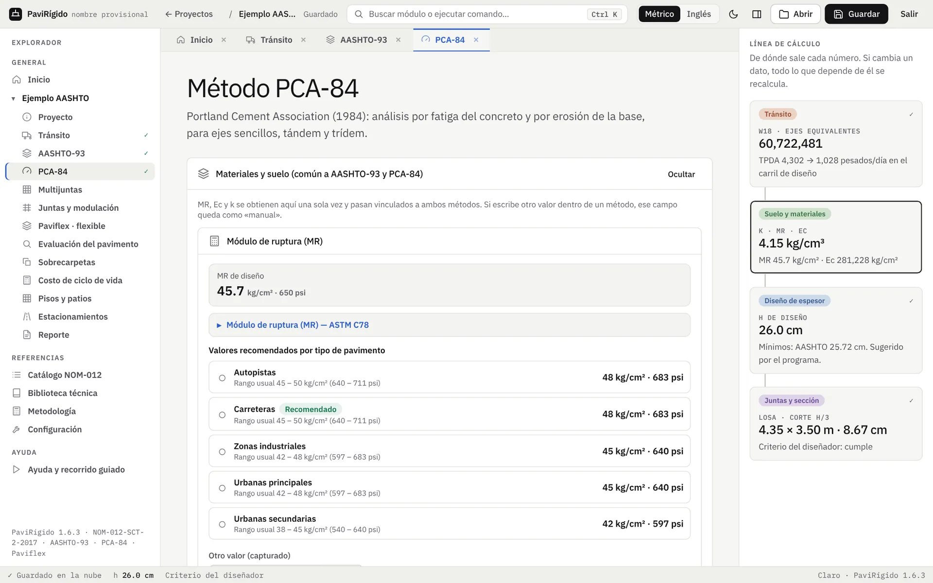 Método PCA-84 y la línea de cálculo con el espesor de diseño